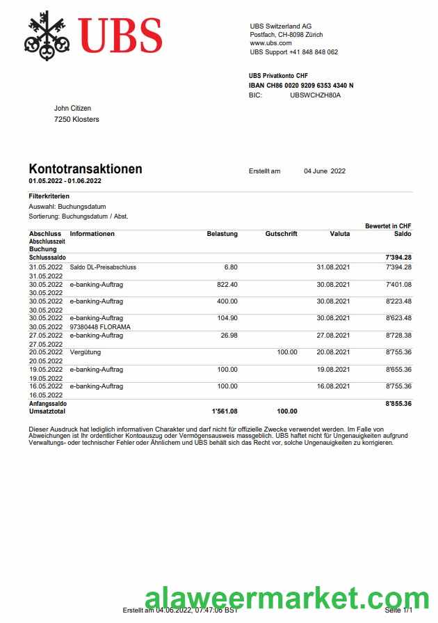 Switzerland UBS bank statement, Word and PDF template